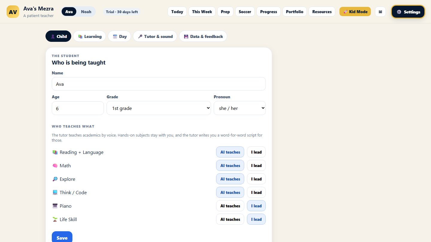 Settings: Child tab