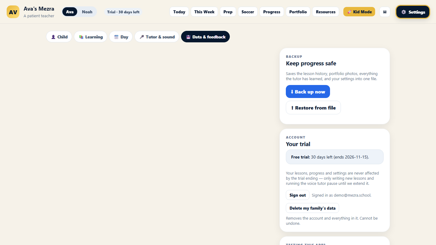 Settings: Data and feedback tab