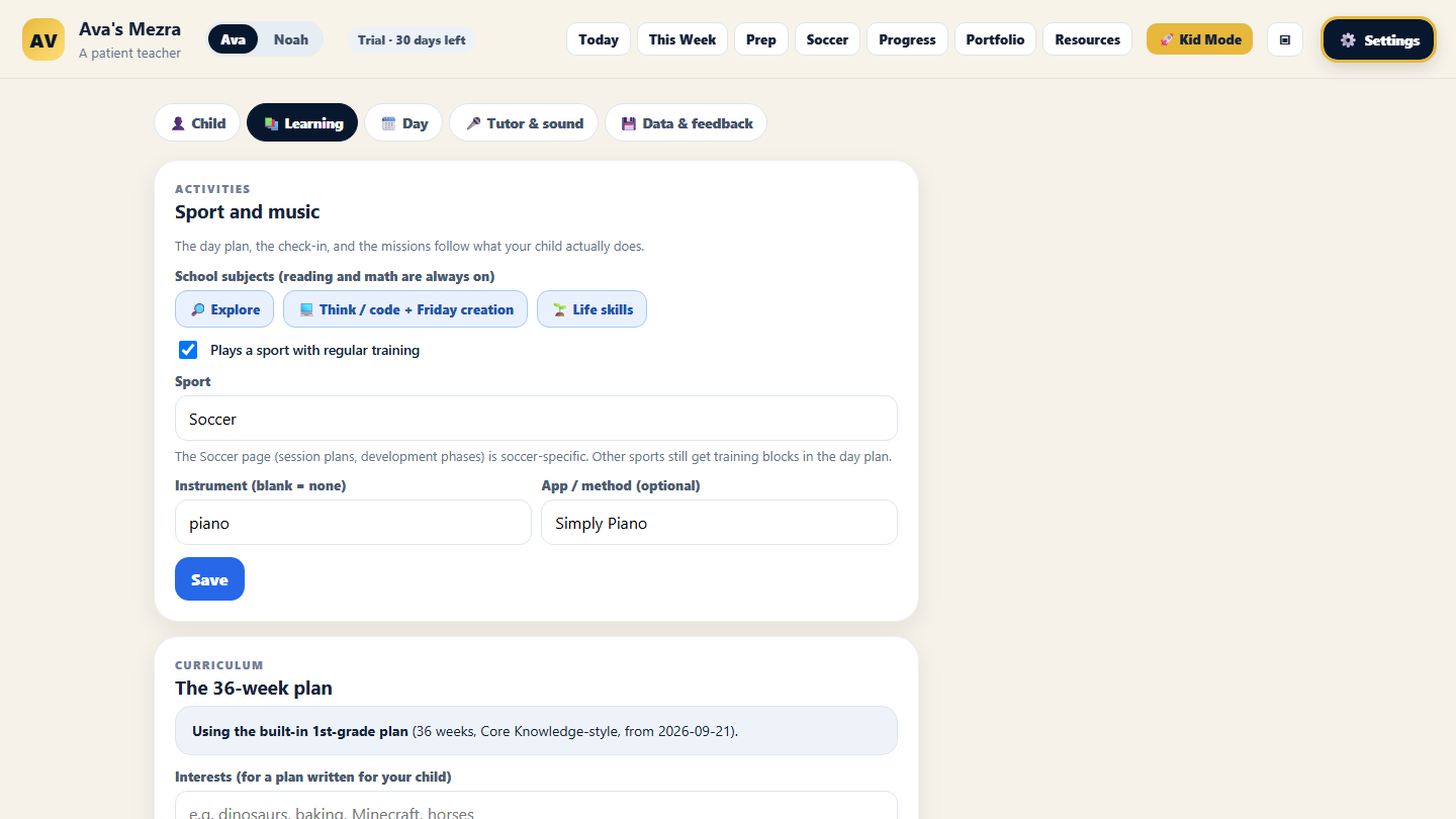 Settings: Learning tab
