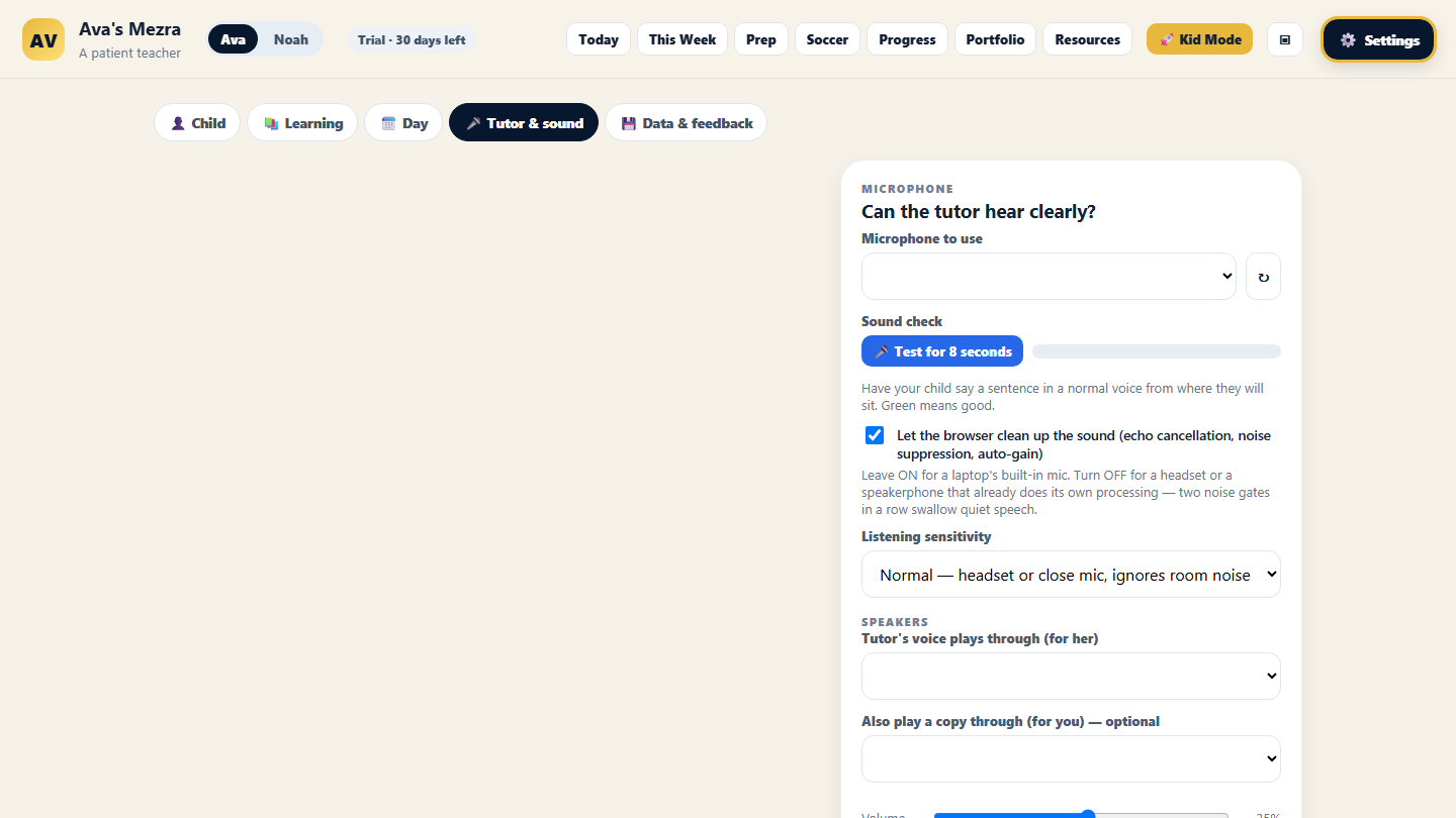 Settings: Tutor and sound tab
